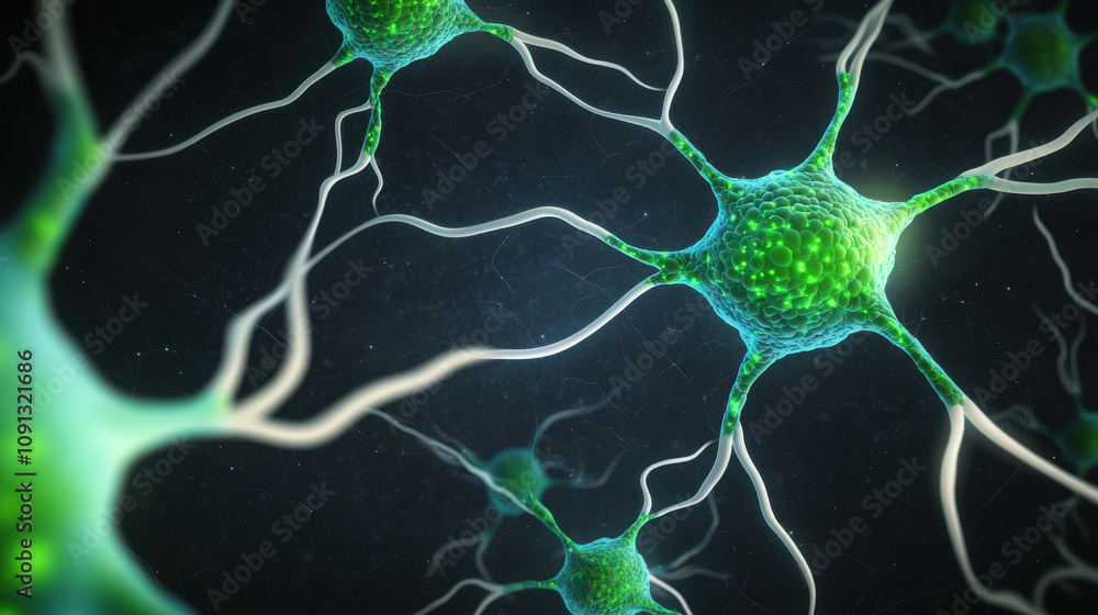 Poster abstract view of cell structure with glowing green and blue neurons, showcasing intricate connection