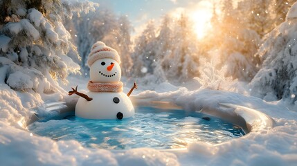 Fototapeta premium Whimsical snowman enjoying a cozy hot tub amidst a snow-covered forest, creating a humorous winter retreat scene.