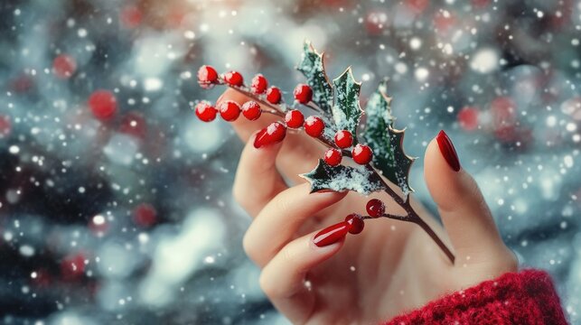 A woman's hand with festive nails, holding a sprig of holly with red berries, against a snowy, holiday-themed background.