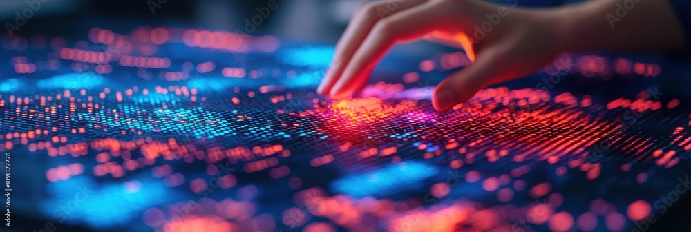 Poster a hand interacts with a vibrant, illuminated surface displaying colorful dots, suggesting technology