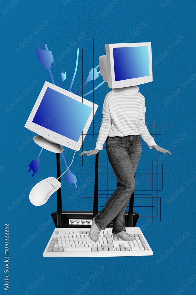 Poster vertical photo collage of headless robot girl it-specialist keypad computer monitor wifi router netw