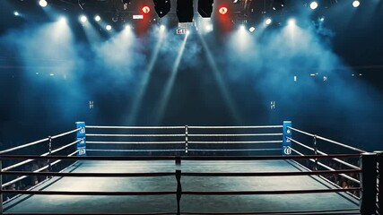 A grand view of an empty boxing ring under dramatic lighting, surrounded by a crowd of spectators, indicating anticipation, excitement, and the calm before the storm Video