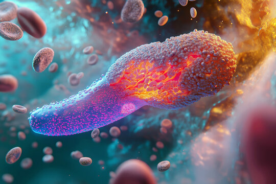 A 3D illustration of the pancreas, with a visual emphasis on insulin production and the impact of diabete.