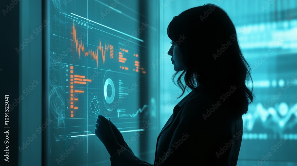 Poster A woman stands in profile, engaged in data analysis on a luminous digital display. The workspace features a dark ambiance with glowing graphs and metrics illuminating her face.