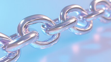 Pristine metallic chain links set against soft blue light