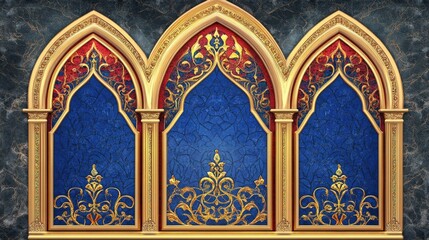 Obraz premium A stunning stained glass window design with three pointed arches, intricate gold filigree, and vibrant red and blue colors, encased in an ornate gold frame, showcasing luxurious artistry.