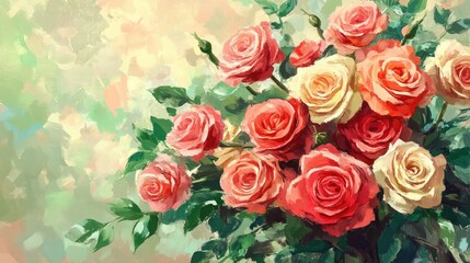 Obraz premium Bouquet of vibrant pink and creamy white roses with lush green leaves, set against a soft pastel background, perfect for a romantic occasion.