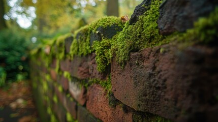 Obraz premium Close-up of a brick wall showing signs of aging with moss growing in the crevices.