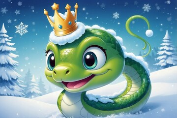 Cute Green Snake with a Crown and a Playful Smile, Inspired by Christmas with Snowflakes