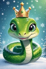 Cute Green Snake with a Crown and a Playful Smile, Inspired by Christmas with Snowflakes