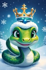 Cute Green Snake with a Crown and a Playful Smile, Inspired by Christmas with Snowflakes