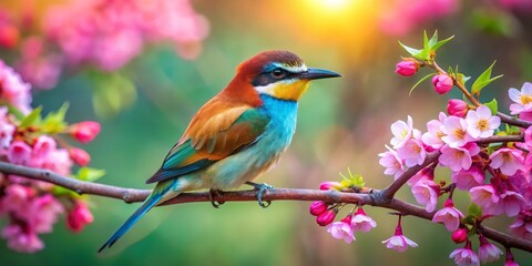 Obraz premium Colorful Bird Perched on a Branch of Pink Flowers, Bird, Springtime
