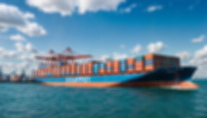 Obraz premium A large container ship navigating through the ocean under a clear blue sky, loaded with shipping containers, representing global trade, logistics, and maritime transportation.