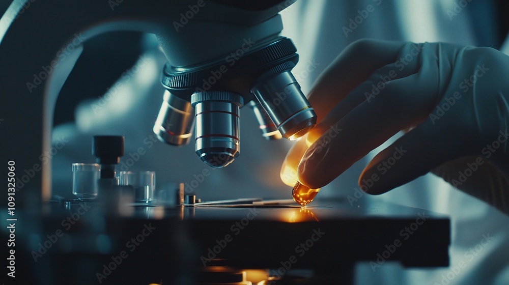 Poster scientists in laboratory carefully using microscope for research and analysis of samples with high p