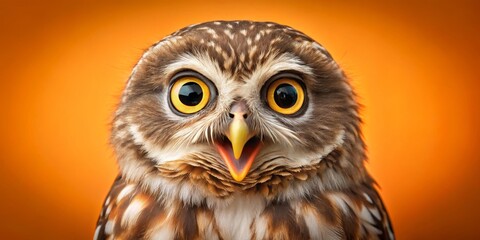 Fototapeta premium Close-up of a Northern Pygmy-Owl with Big Yellow Eyes, Orange Background, Bird Portrait, Wildlife Photography, Owl, Bird, Portrait