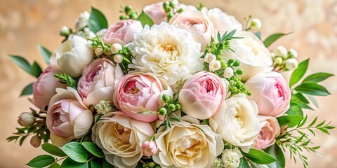 Fototapeta premium Close-Up of a Delicate Bouquet of White and Pink Roses, Flowers, and Greenery, wedding bouquet, flowers