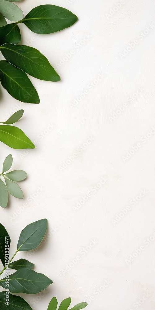 Poster a white background with green leaves on it. the leaves are arranged in a way that they form a border
