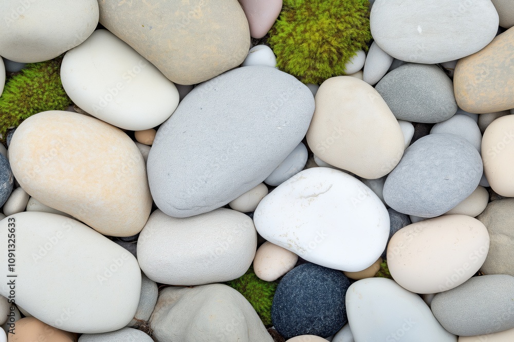 Aufkleber a collection of rocks with some moss growing on them. the rocks are of various sizes and colors, cre