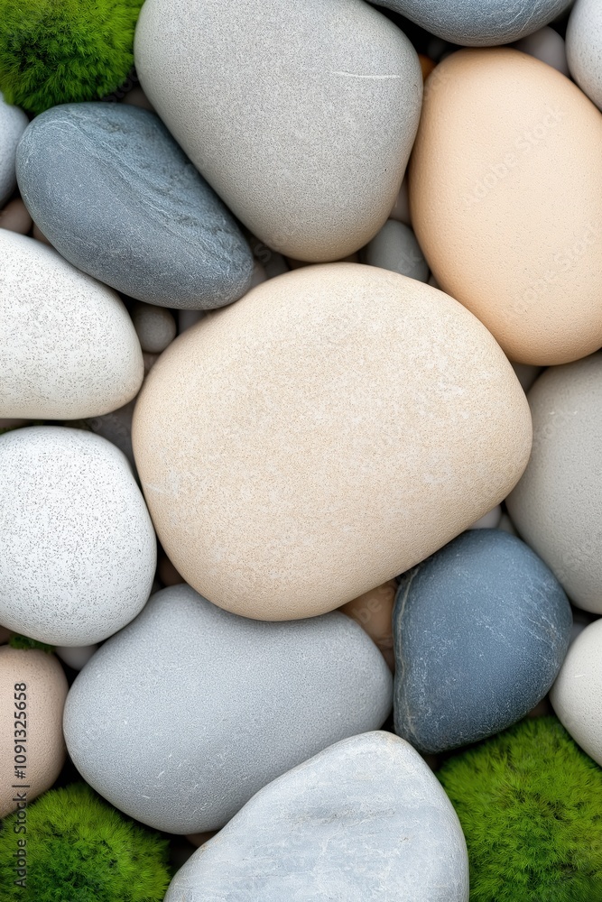 Poster a collection of rocks with a green mossy plant in the middle. the rocks are of different sizes and c
