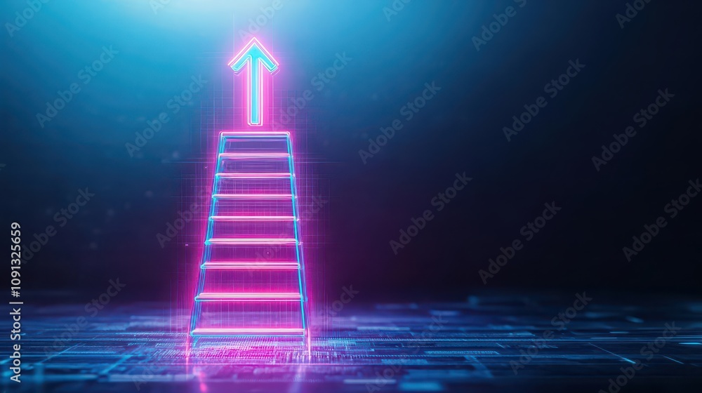 Poster neon hologram ladder with exit arrow, virtual office setting