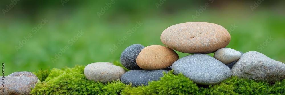 Poster a group of rocks are on a green mossy surface. the rocks are of different sizes and colors, creating