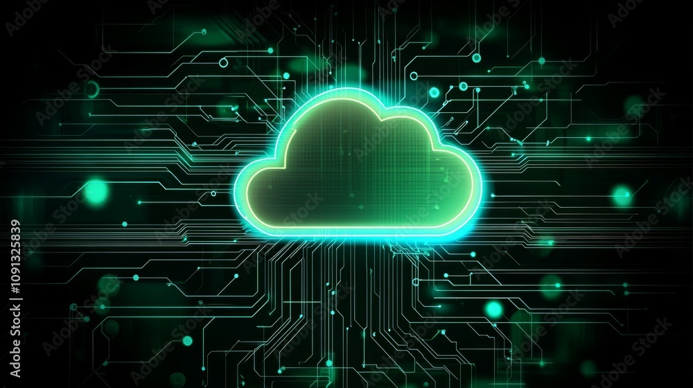 Poster A bright green digital cloud icon is illuminated at the center, surrounded by intricate circuit patterns.