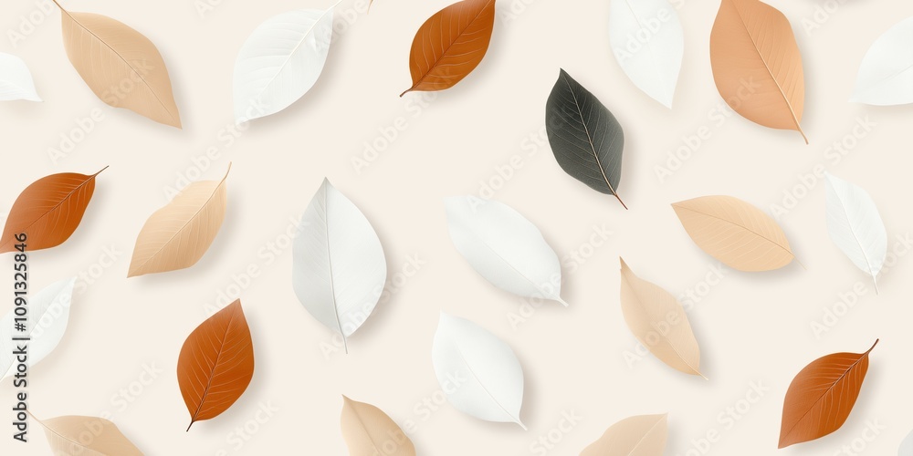 Poster a pattern of leaves in various colors and sizes. the leaves are scattered across the background, cre