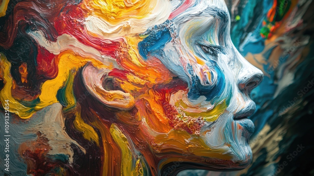 Poster vibrant abstract portrait showcasing artistic fusion of human emotion and ai-generated neural networ