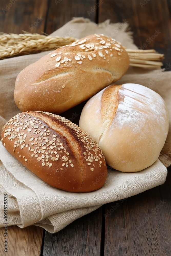 Poster three different types of bread are displayed on a tablecloth. the bread is made from wheat and has a