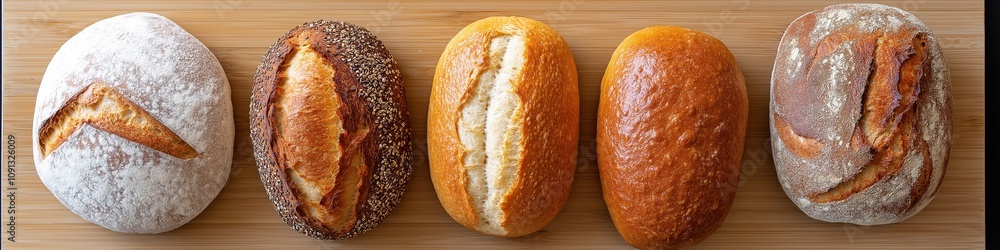 Poster a row of different shaped breads on a wooden board. the breads are all different sizes and shapes, w
