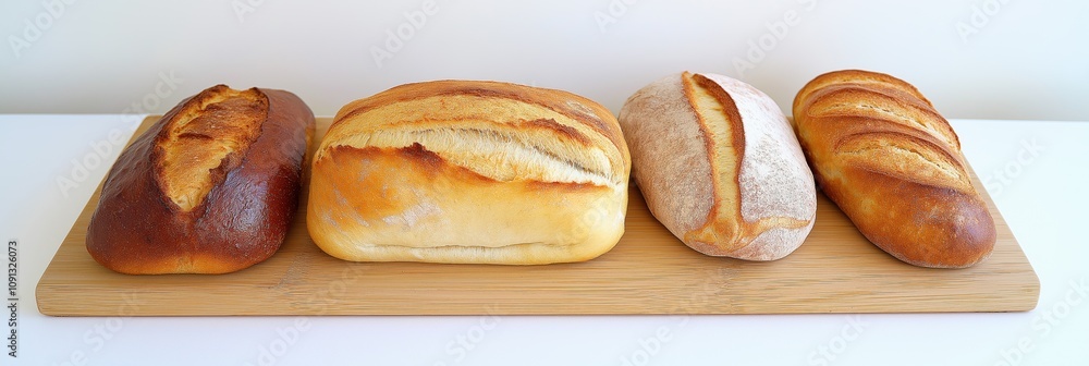 Poster four different types of bread are lined up on a wooden board. the breads are all different shapes an