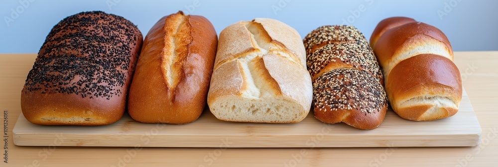 Poster a wooden board with five different types of bread on it. the breads are all different shapes and siz