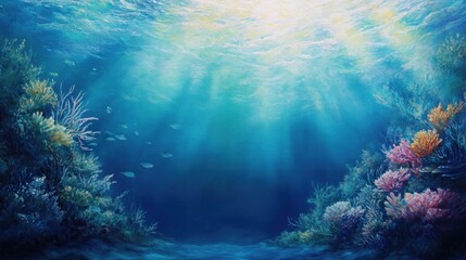 Obraz premium Tranquil underwater scene with soft light illuminating vibrant coral reefs and peaceful ocean depths, creating a serene marine atmosphere.