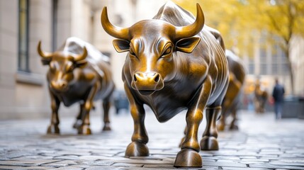 Two bronze Charging Bull statues in an urban setting.
