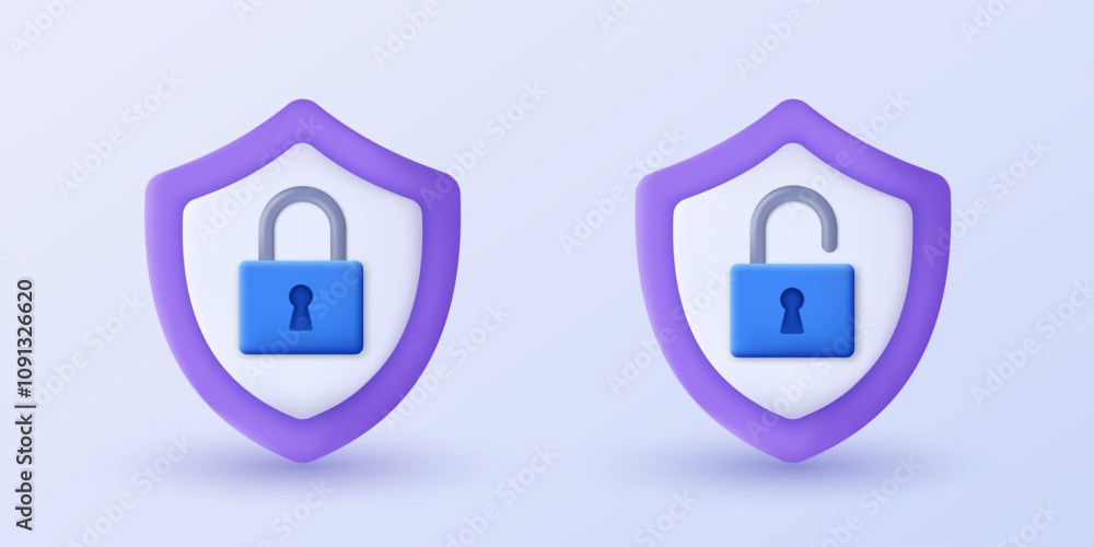 Poster 3D Shield with padlock lock and unlock icon. 3D design of Cyber security, data protection and privacy technology concept. 3D object on isolated background. Vector illustration.