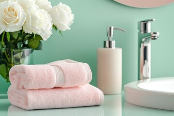 Bathroom decoration with soft light in pink, towels, soap dispenser, white roses, accessories on pastel mint background. with generative ai