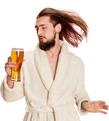 Portrait of emotive funny man in bathrobe posing with lager beer mug isolated on transparent...