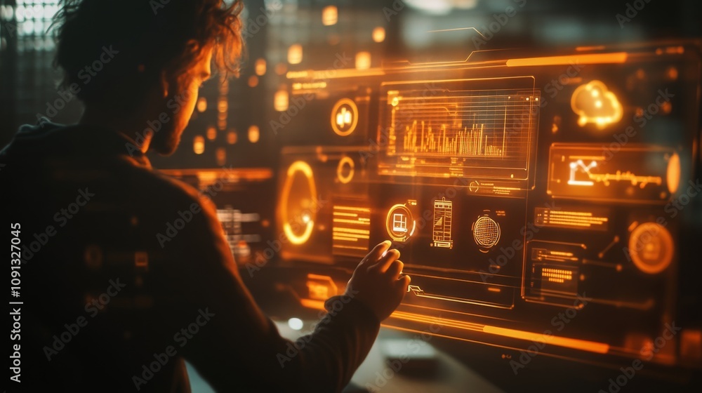 Poster A young man engages with an advanced holographic display, manipulating various digital graphs and data.