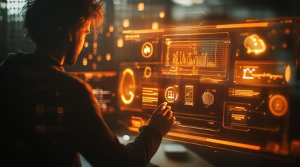 A young man engages with an advanced holographic display, manipulating various digital graphs and data.