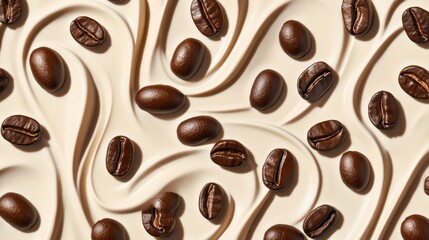 Obraz premium Creamy Coffee Bean Pattern - Coffee beans arranged on a creamy background, symbolizing aroma, energy, luxury, comfort, and indulgence.
