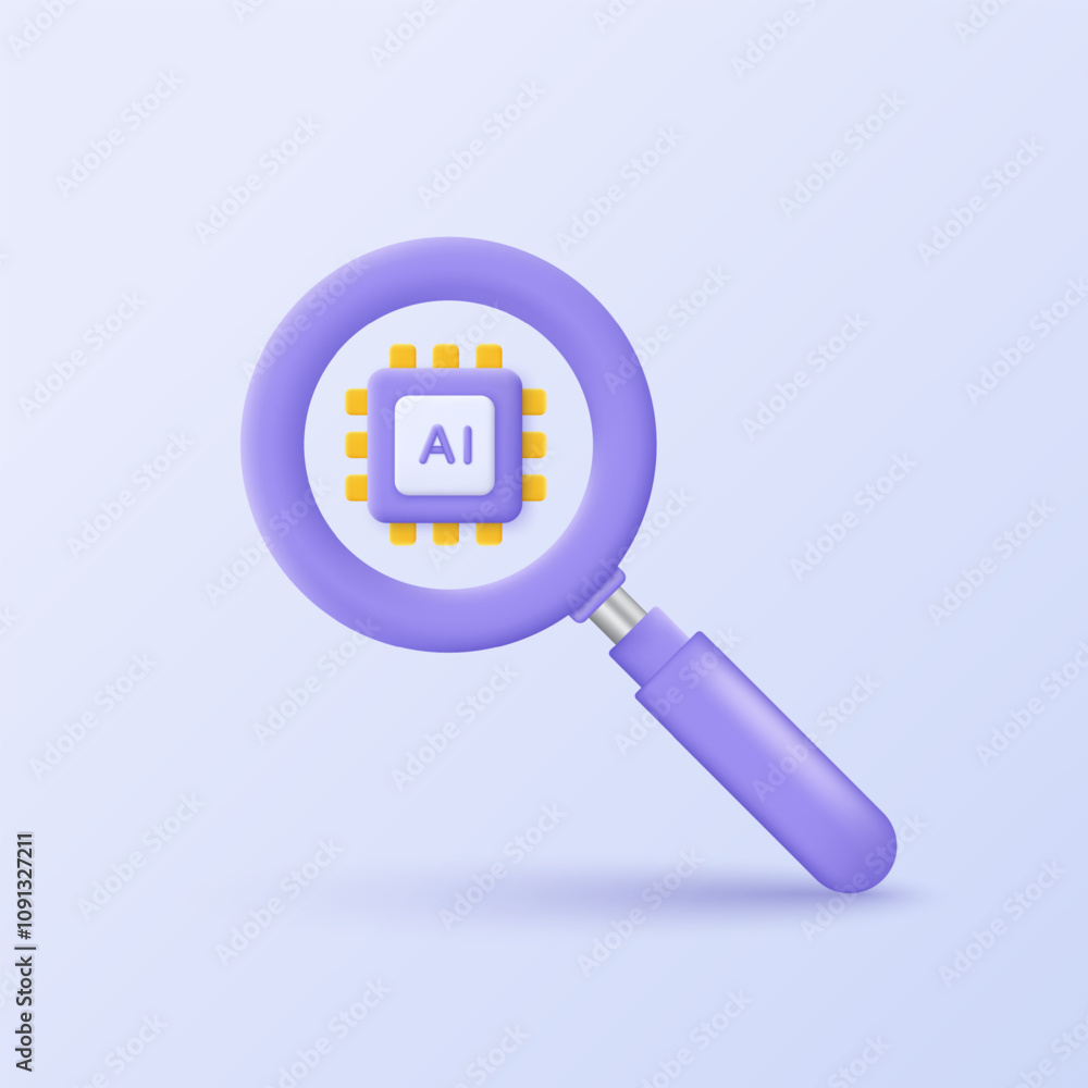 Aufkleber 3D AI-search icon. A magnifying glass with AI chip processor.  3D design of Searching or finding and analysis by Machine learning. Artificial intelligence technology.  Vector illustration.