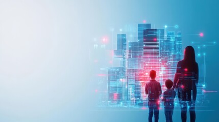 Family exploring holographic cityscape, immersive experience, flat design illustration