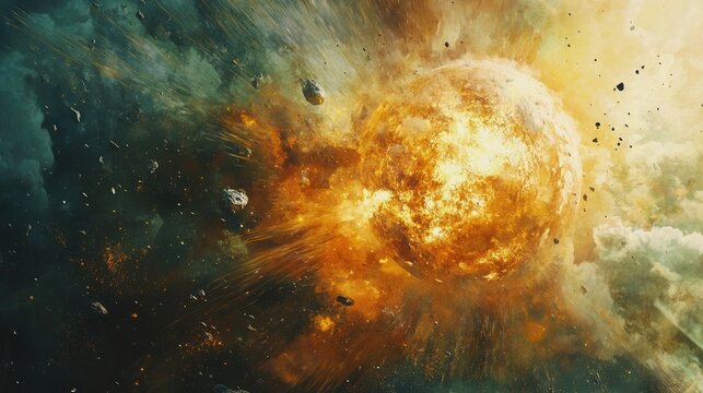Dramatic cosmic explosion illustrating a planet being destroyed, emphasizing the significance of environmental protection and Earth Day awareness.
