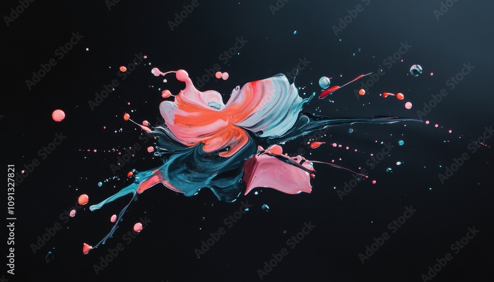 Poster vibrant abstract splash of paint creating dynamic flowing composition against a dark background, ide