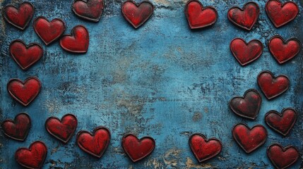 Red hearts scattered on a textured blue background, perfect for Valentine's Day, weddings, or romantic cards, featuring ample space for personalized text.
