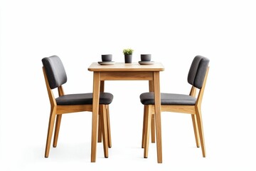 Wooden table, two chairs, minimalist setting.