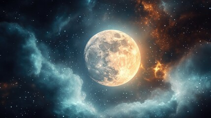 Fototapeta premium Fireworks sparkling in front of a giant supermoon, their colorful trails enhancing the majestic lunar glow.