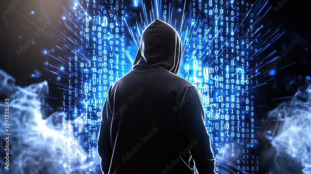 Aufkleber cinematic shot of hacker in dark hoodie standing against backdrop of binary code and digital effects