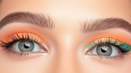 Obraz premium Close up of woman eyes showcasing vibrant orange and green eye makeup, highlighting beauty and detail of her lashes and brows