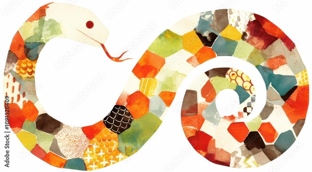 Poster a colorful, artistic representation of a serpent, featuring a variety of geometric shapes and patter
